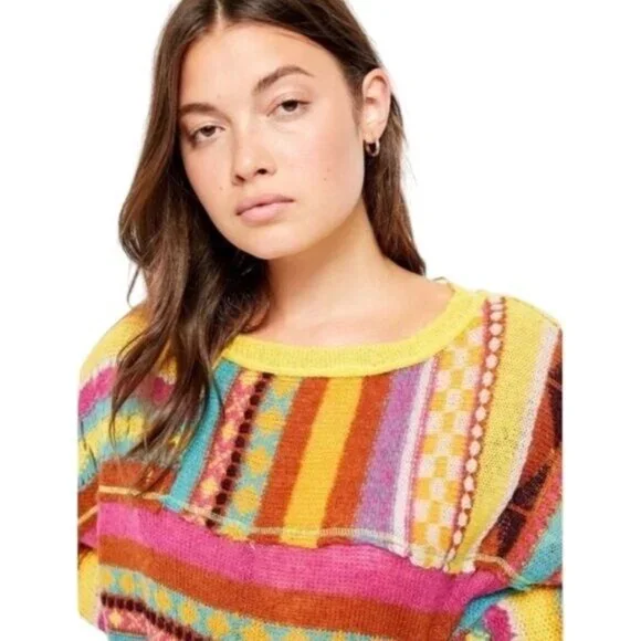 NWOT Free People Bright Multicolored Light Weight Knit Sweater Poncho - Picture 3 of 11